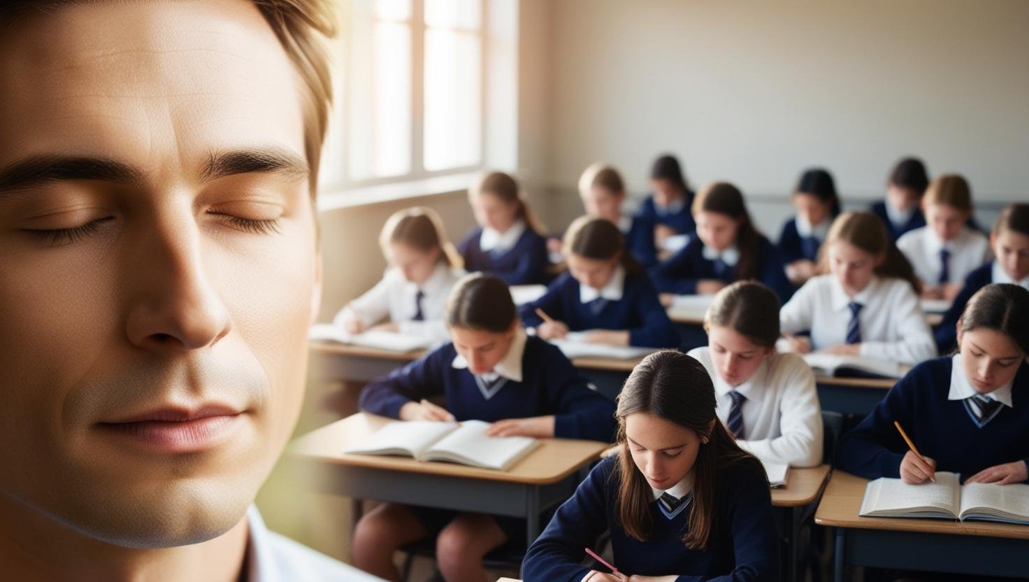 Primo piano di una persona con occhi chiusi e luce sul volto, oppure un’aula in silenzio con focus mentale intenso._ma che sia tutto sfumato che possa usarla per una locandina