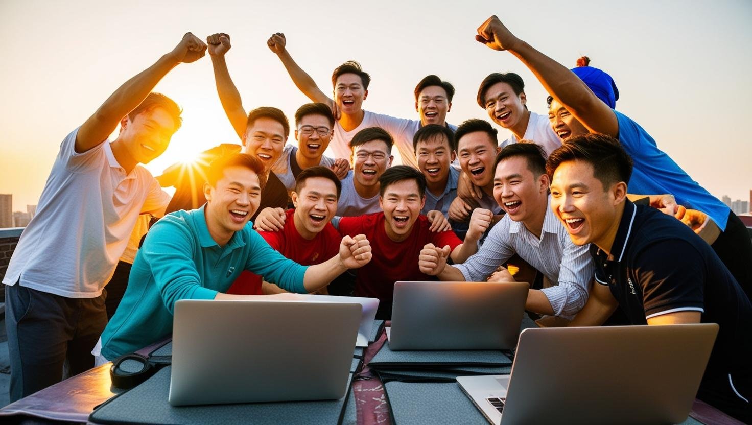 Un team giovane che esulta su un rooftop al tramonto, con laptop e sorrisi — energia, squadra, crescita.