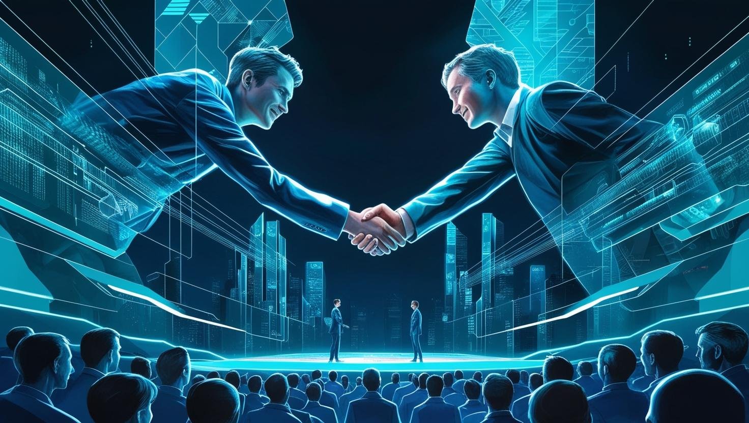 Visual futuristico con grafici digitali, mani che si stringono, hologrammi, o una platea in ascolto con luci blu_tech.